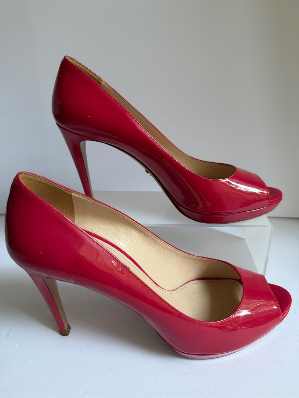 Prada Patent Leather Open-Toe Pumps in Hot Pink 8.5